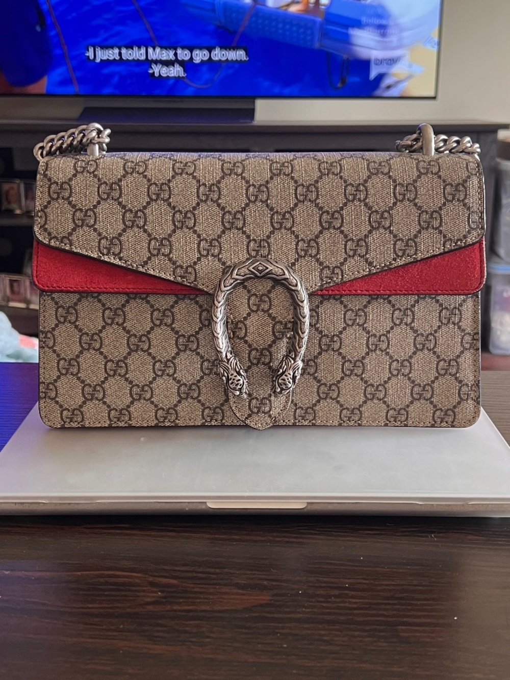 GUCCI Supreme Monogram Suede Small Dionysus Bag Beige Ebony Vulcanic Red